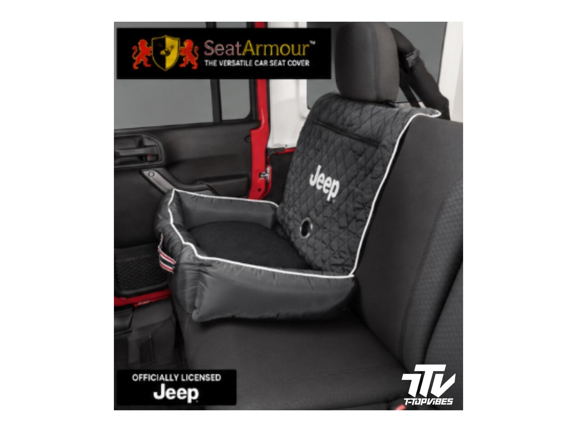T-Top Vibes officially licensed Jeep black quilted pet travel bed installed on a car seat with plush interior