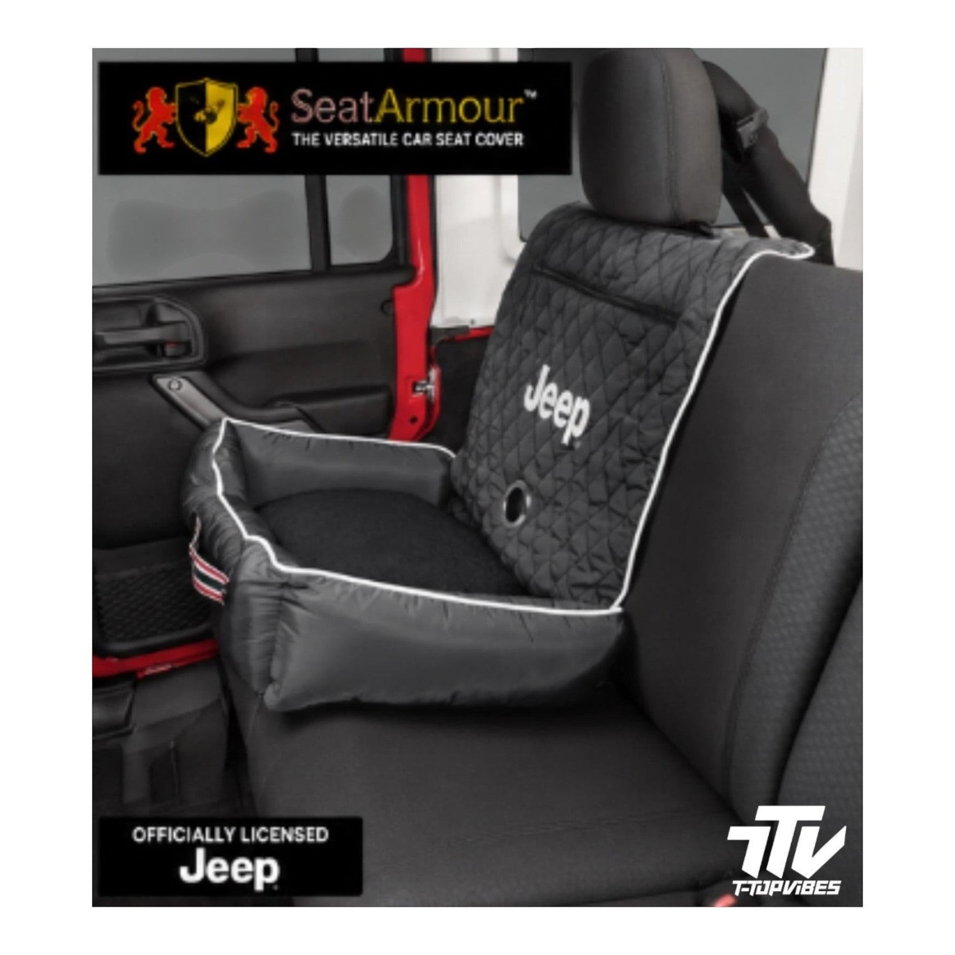 T-Top Vibes officially licensed Jeep black quilted pet travel bed installed on a car seat with plush interior