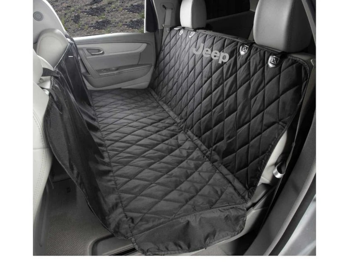 T-Top Vibes black quilted Jeep pet hammock installed in a vehicle back seat for dog protection