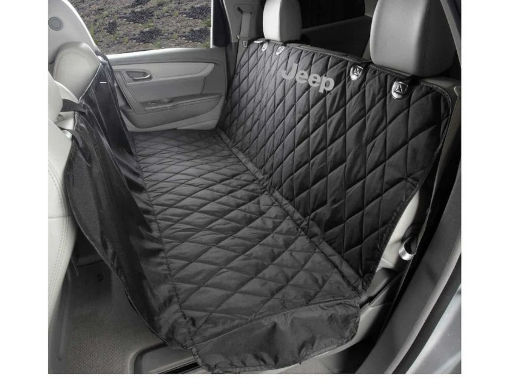 T-Top Vibes black quilted Jeep pet hammock installed in a vehicle back seat for dog protection