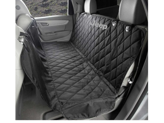T-Top Vibes black quilted Jeep pet hammock installed in a vehicle back seat for dog protection