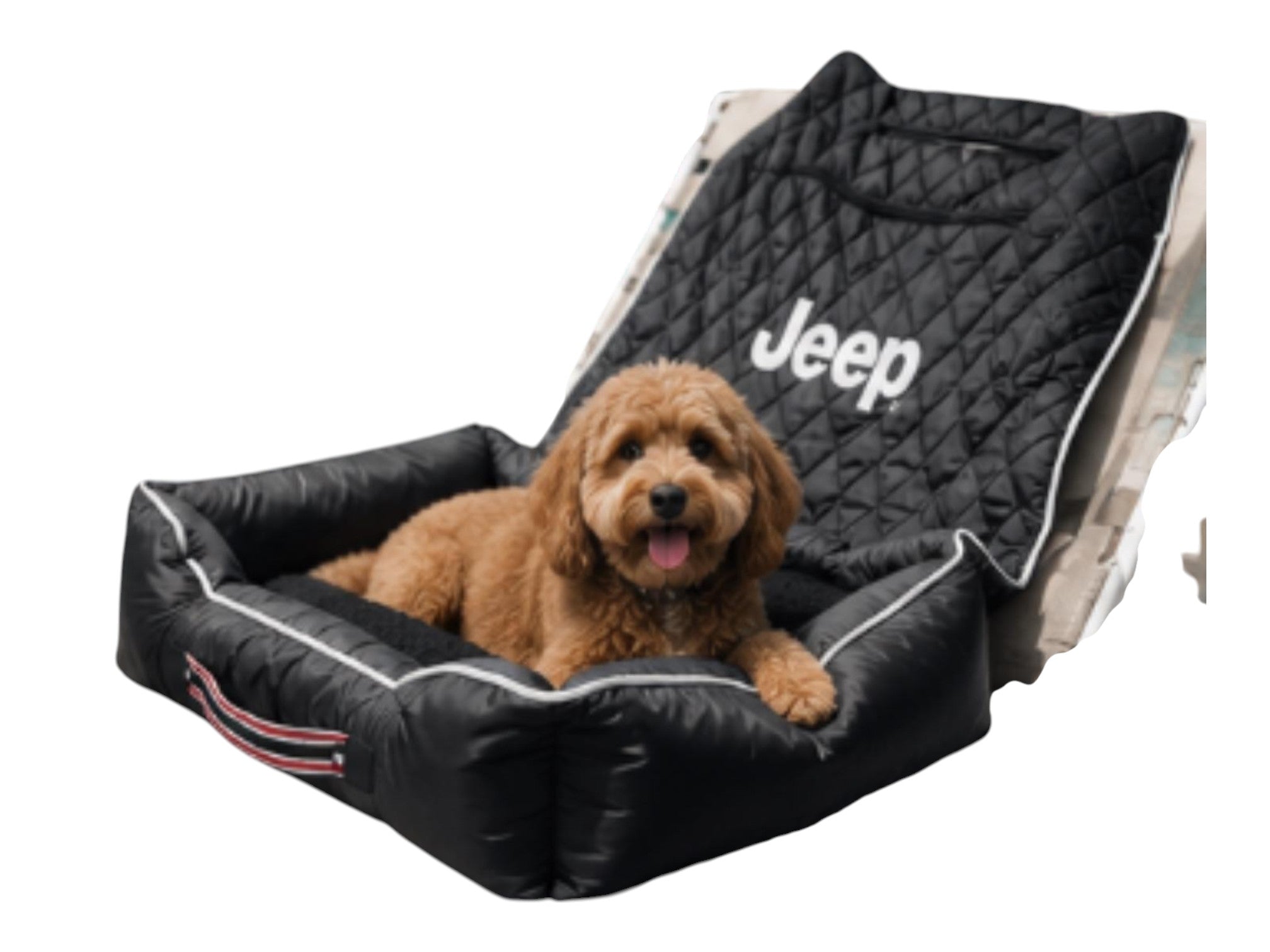 T-Top Vibes Jeep branded black quilted pet travel bed with a dog resting inside on a car seat