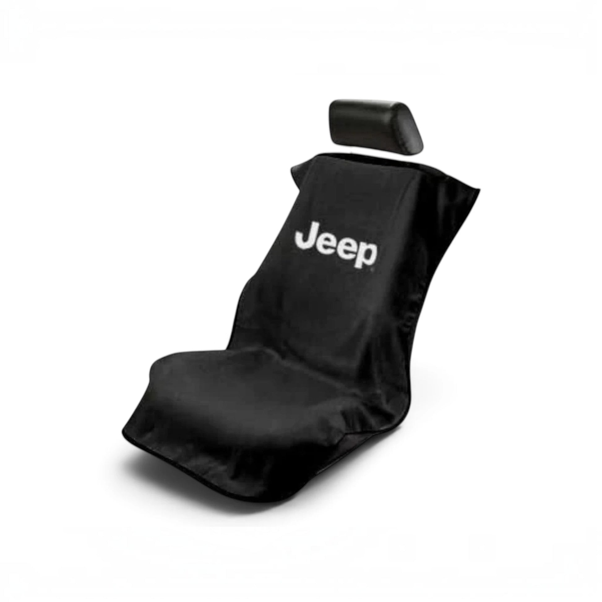 T-Top Vibes black cotton terry velour Jeep car seat cover towel with white logo, universal fit for vehicle seats.