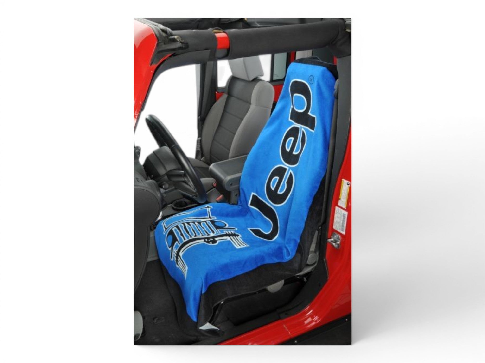 T-Top Vibes Jeep blue cotton terry velour car seat cover towel with logo installed on a vehicle seat