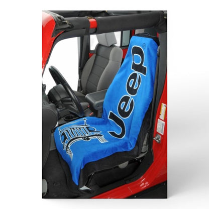 T-Top Vibes Jeep blue cotton terry velour car seat cover towel with logo installed in a vehicle seat