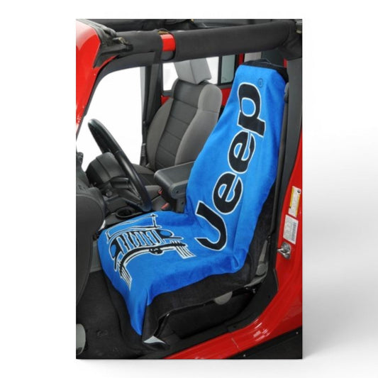 T-Top Vibes Jeep blue cotton terry velour car seat cover towel with logo installed in a vehicle seat