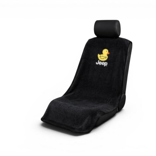 T-Top Vibes black cotton terry velour car seat towel featuring a yellow Jeep duck logo for universal vehicle fit.