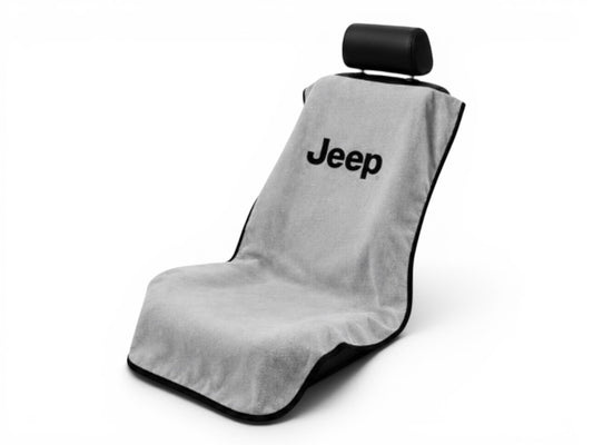 T-Top Vibes gray cotton terry velour Jeep seat cover towel with black logo, universal fit for car seats.