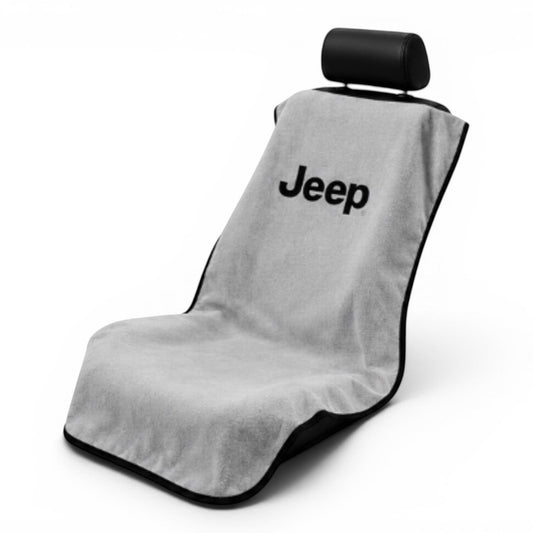 T-Top Vibes gray Jeep cotton terry velour car seat cover towel with black trim on a vehicle seat