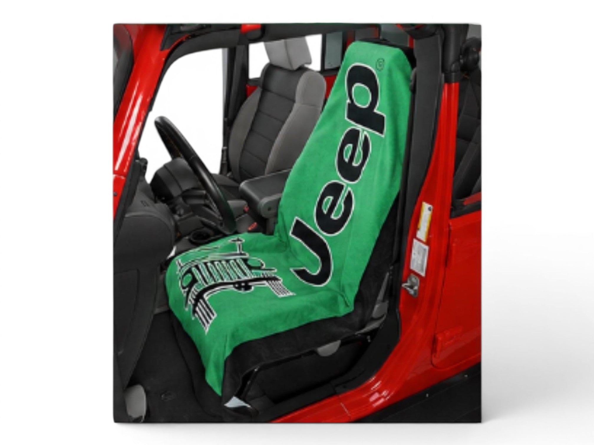 T-Top Vibes Jeep green cotton terry velour car seat cover towel installed on a vehicle seat