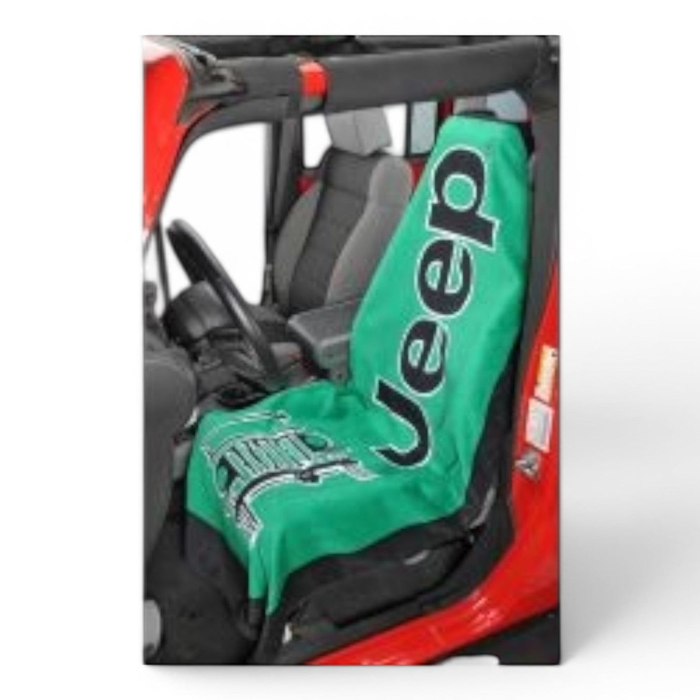 T-Top Vibes Jeep branded green cotton terry velour car seat cover towel installed on a vehicle seat