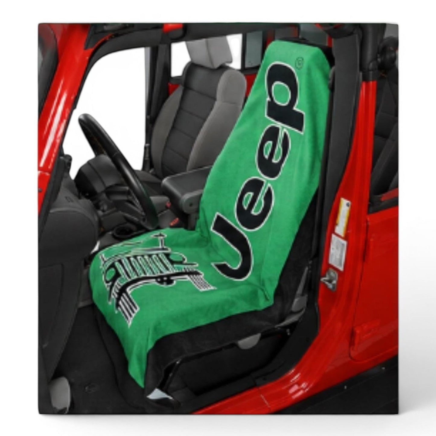 T-Top Vibes Jeep green cotton terry velour car seat cover towel with logo installed on a vehicle seat