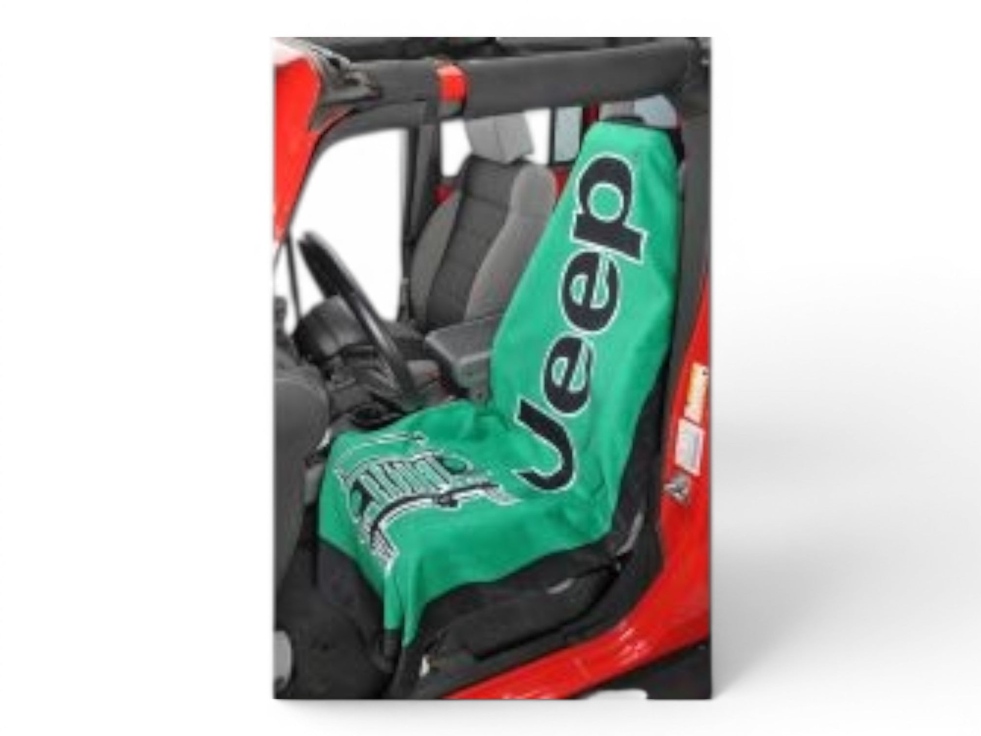 T-Top Vibes green Jeep cotton terry velour car seat cover towel installed on a vehicle seat