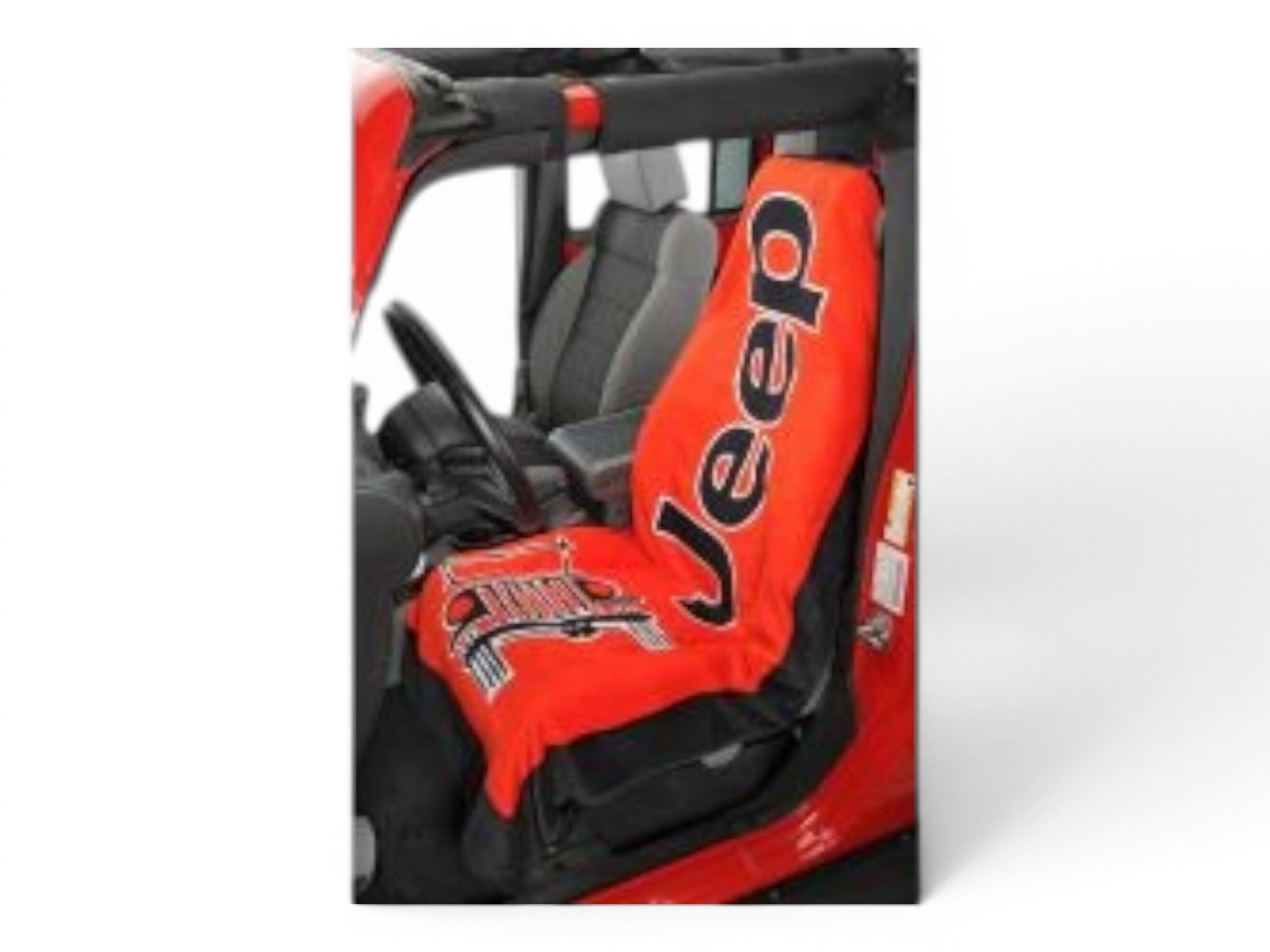 T-Top Vibes Jeep branded orange cotton terry velour car seat cover towel installed on a vehicle seat