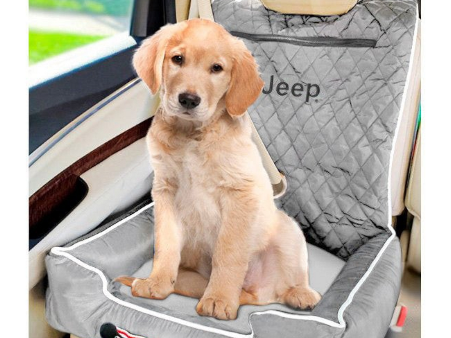 T-Top Vibes Jeep pet bed featuring a cute golden retriever puppy sitting on a soft cotton surface