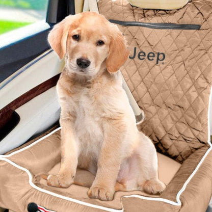 A cute golden retriever puppy sitting, featured in T-Top Vibes Jeep pet bed and car seat cover promotional imagery.