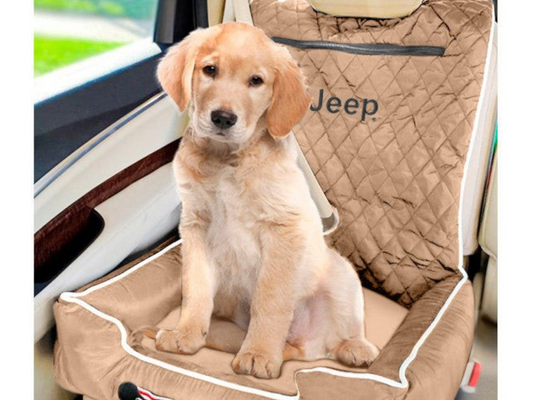 A cute golden retriever puppy sitting, featured in T-Top Vibes Jeep pet bed and car seat cover promotional imagery.