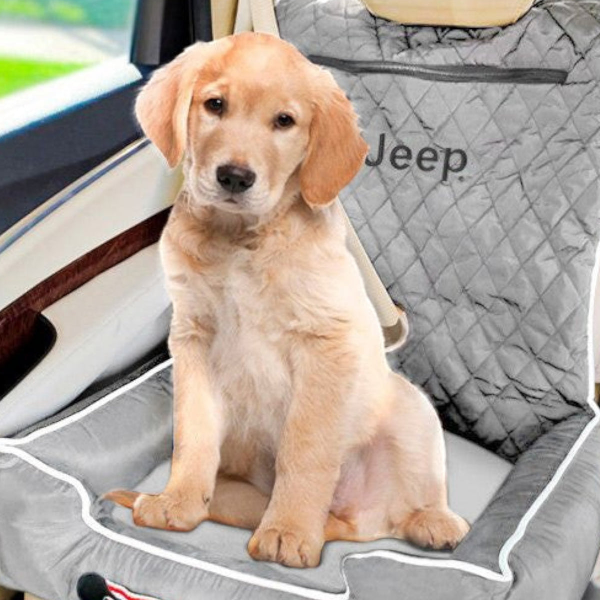 T-Top Vibes Jeep pet bed and car seat cover in grey quilted cotton with a puppy sitting on it inside a vehicle