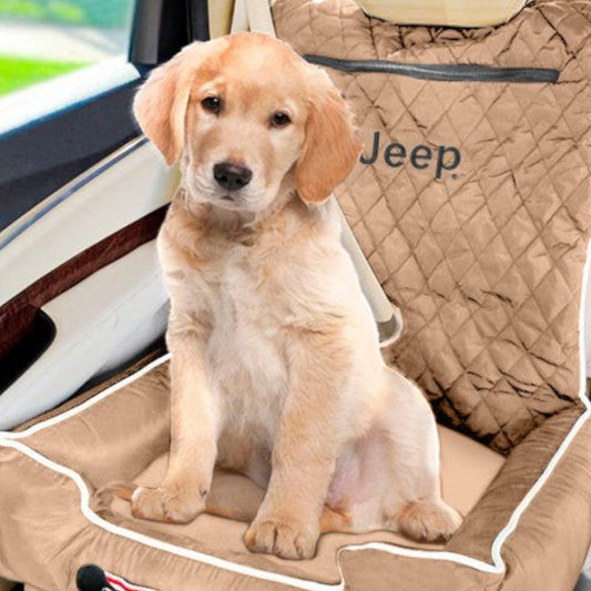 T-Top Vibes Jeep pet bed and car seat cover in tan quilted cotton with a puppy sitting on it inside a vehicle