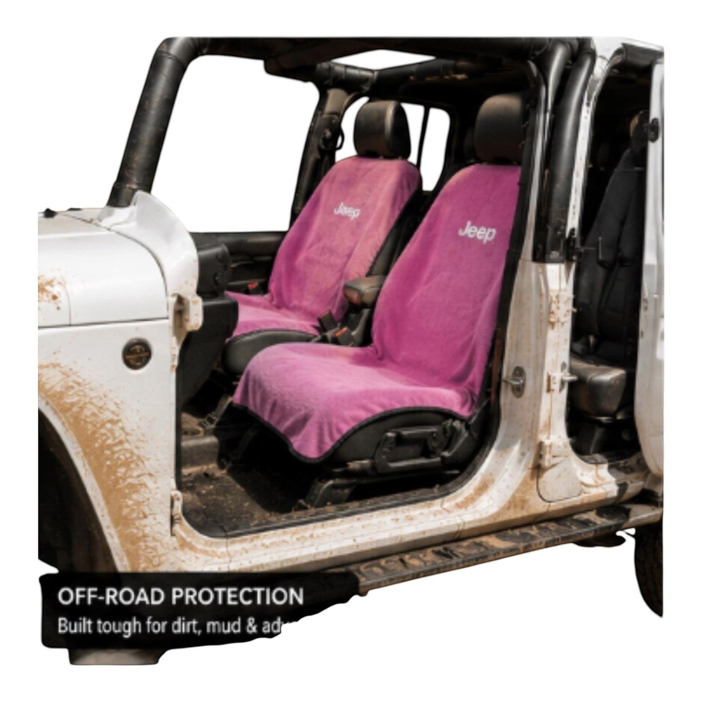 T-Top Vibes Jeep pink cotton terry velour car seat cover towel installed on front seats of a white off-road vehicle.