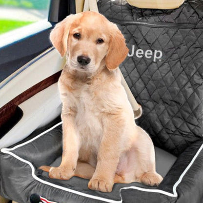 T-Top Vibes Jeep branded quilted black pet car seat cover and portable bed with a golden retriever puppy sitting on it