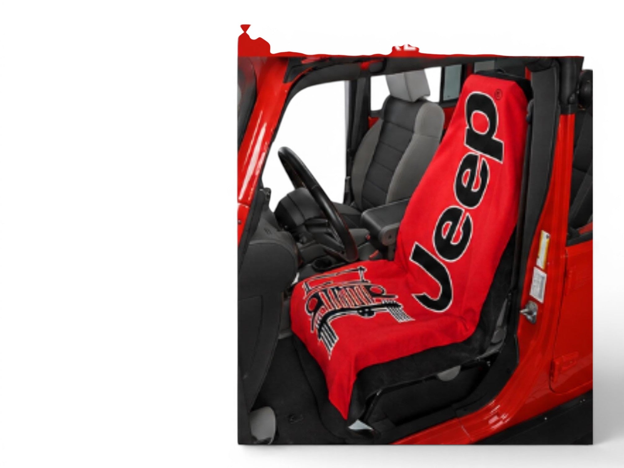 T-Top Vibes Jeep TOWEL-2-GO red cotton terry velour car seat cover with black Jeep logo and grille graphic.