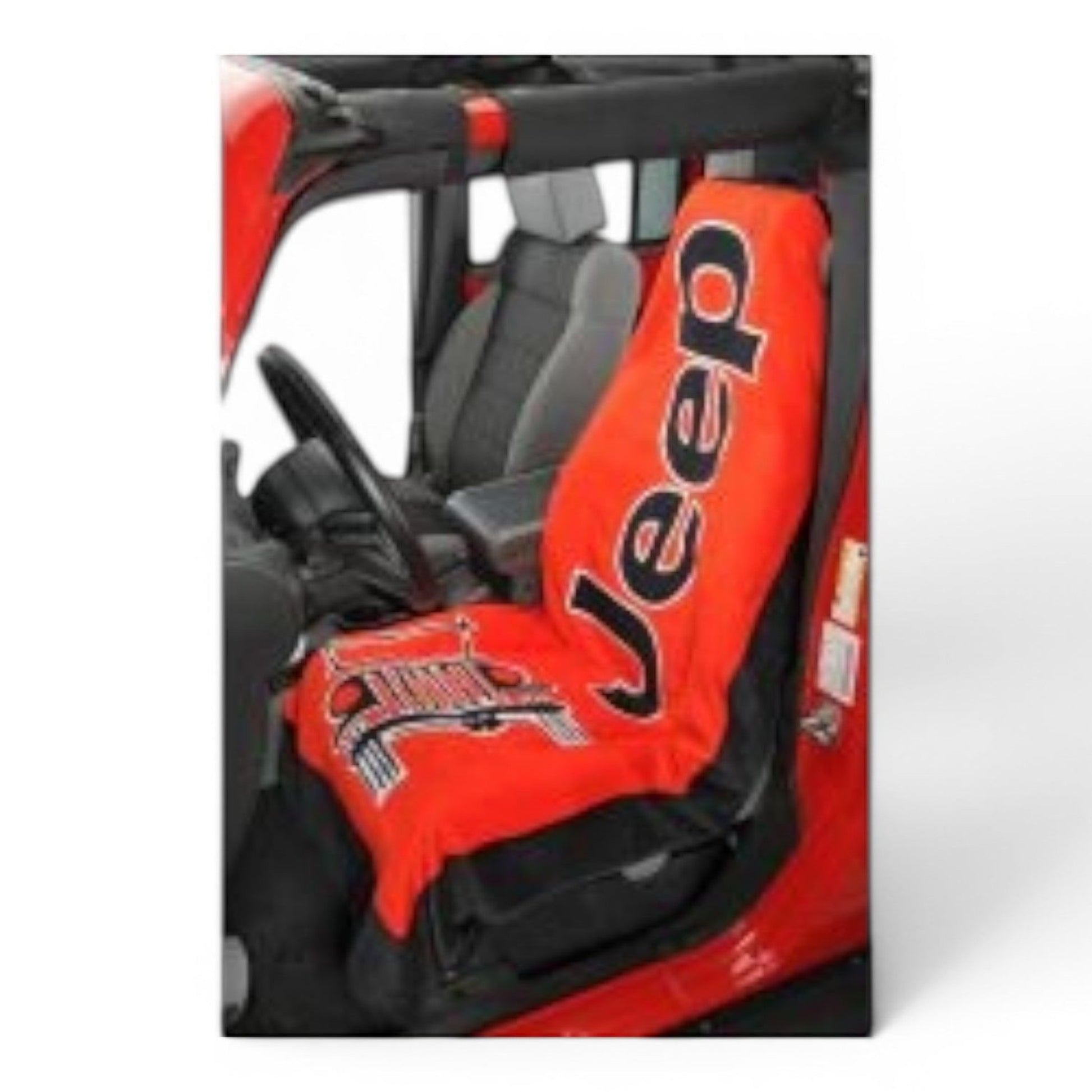 T-Top Vibes Jeep branded red cotton terry velour car seat cover towel with Jeep logo and front grille graphic.