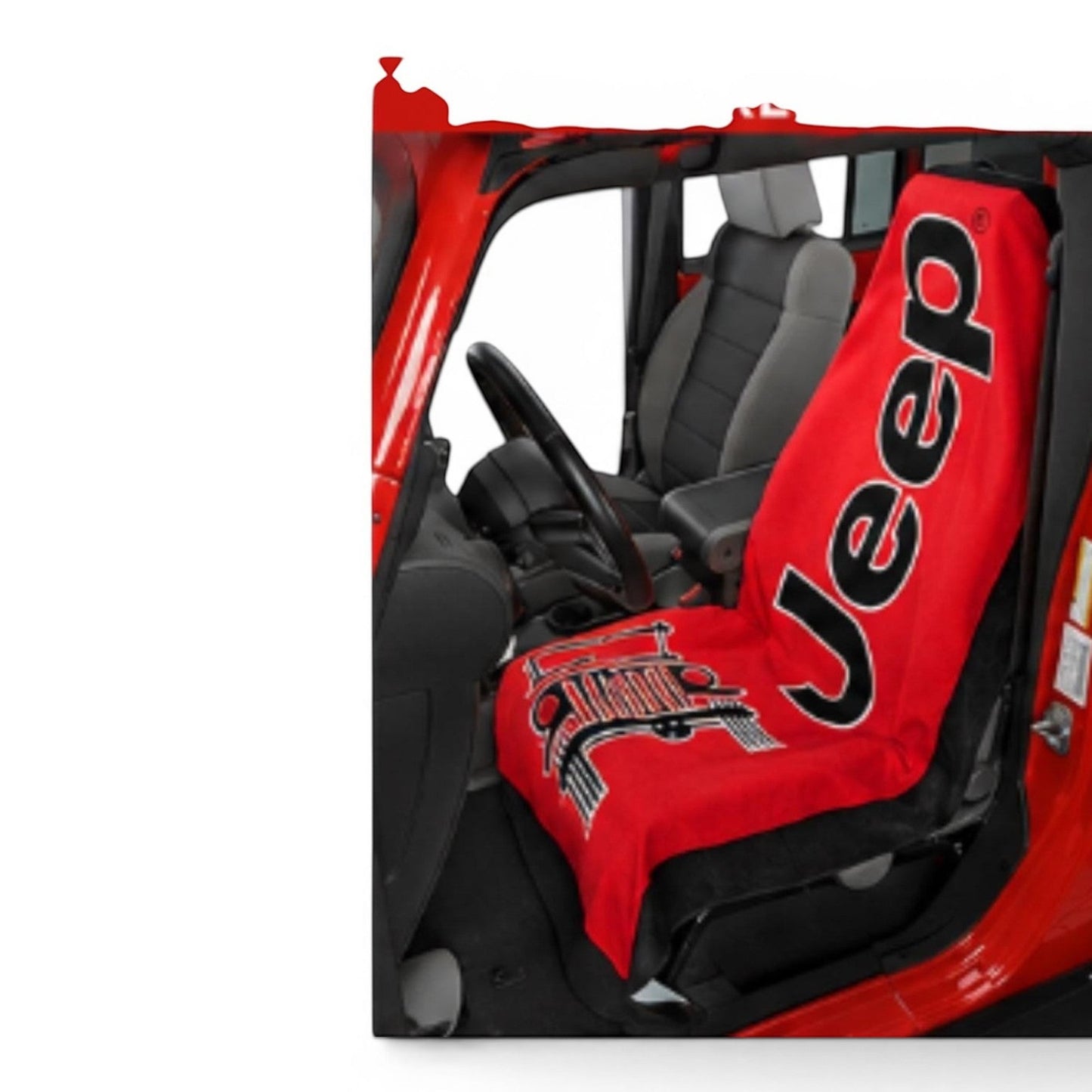 T-Top Vibes Jeep branded red cotton terry velour car seat cover towel installed on a vehicle seat
