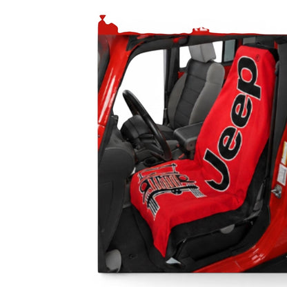 T-Top Vibes Jeep branded red cotton terry velour car seat cover towel installed on a vehicle seat
