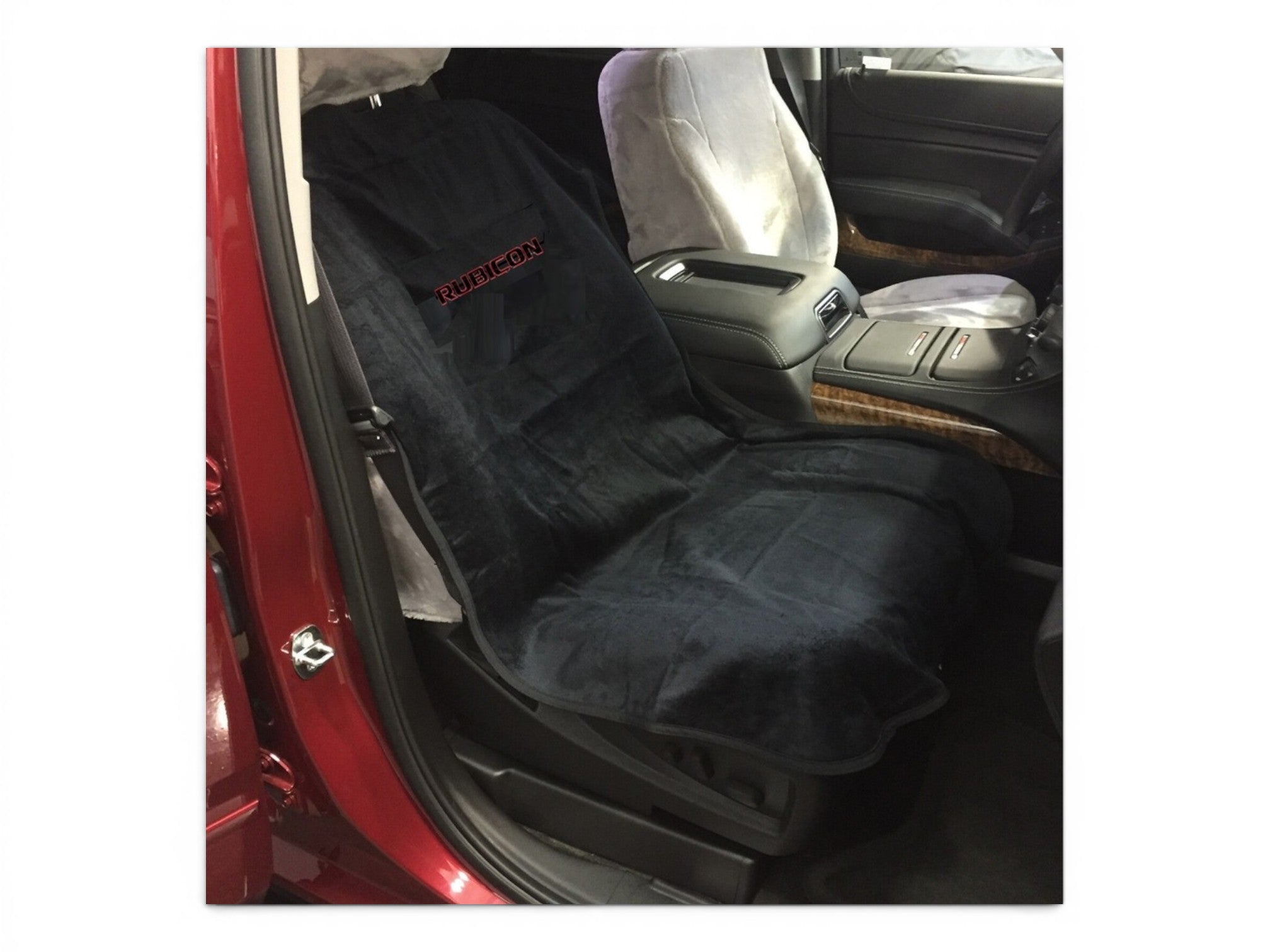 T-Top Vibes black cotton terry velour Jeep Wrangler Rubicon seat cover towel installed on a car seat
