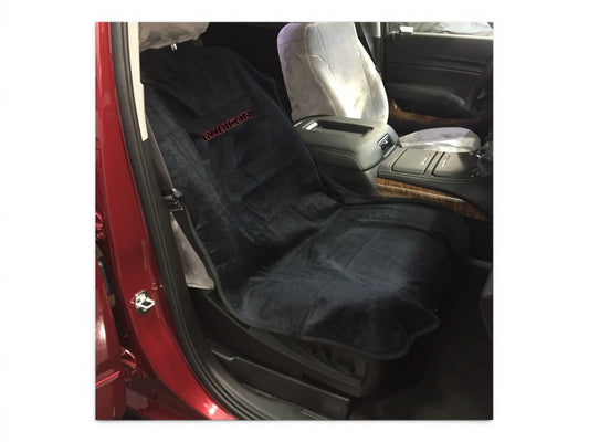 T-Top Vibes black cotton terry velour Jeep Wrangler Rubicon seat cover towel installed on a car seat