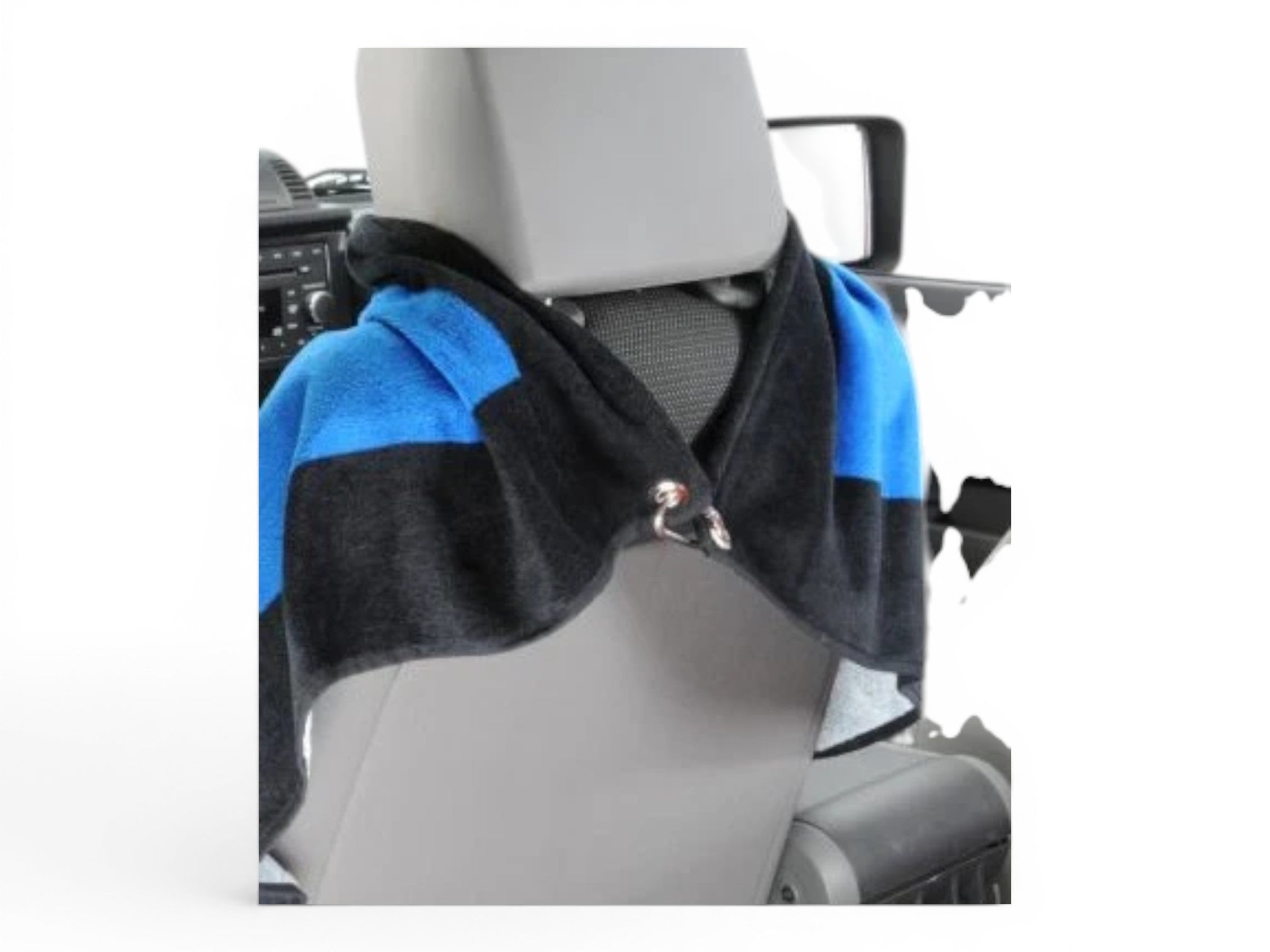 T-Top Vibes Jeep TOWEL-2-GO black and blue cotton terry velour car seat cover towel installed on a headrest