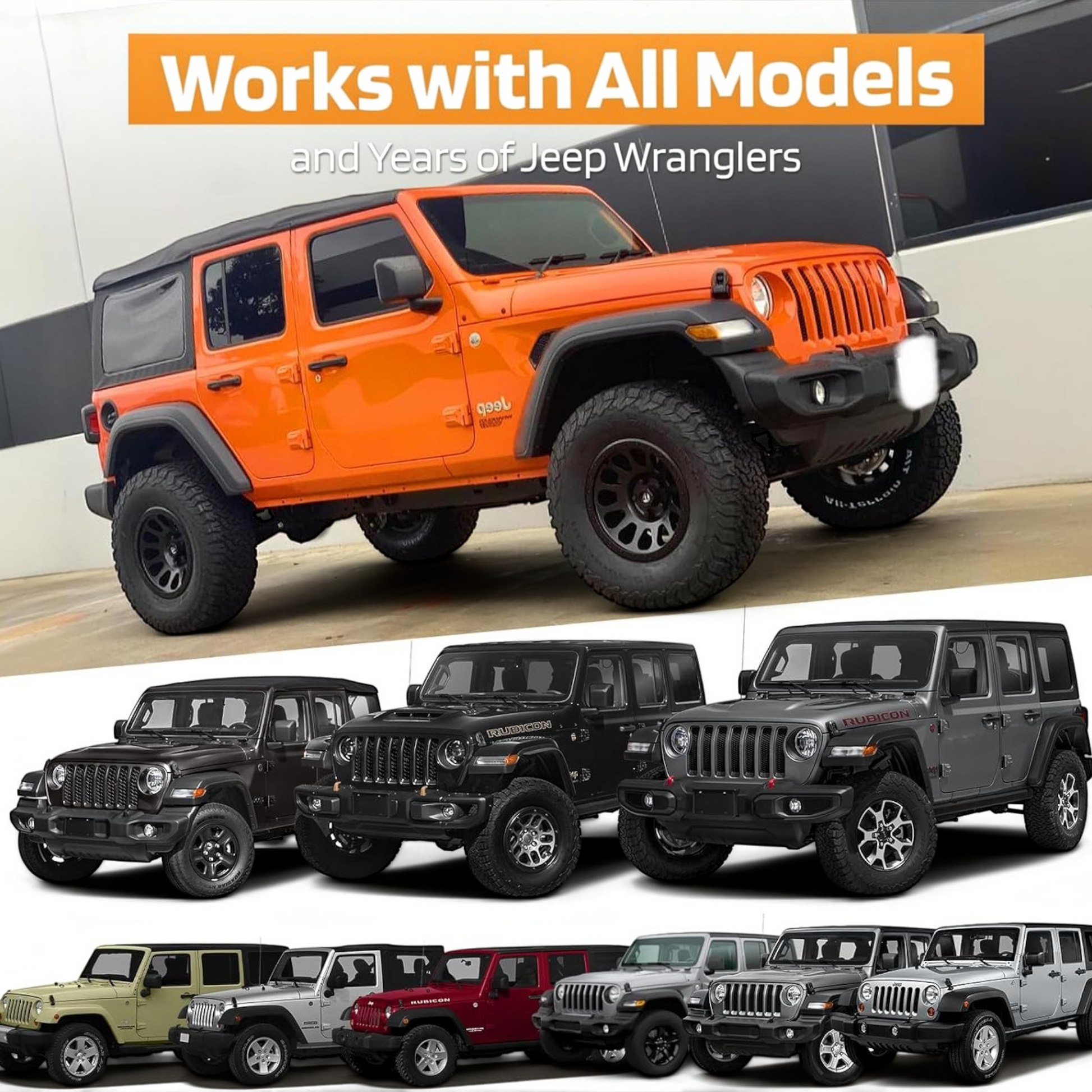 T-Top Vibes orange Jeep car seat cover towel displayed on various Jeep Wrangler models for interior protection