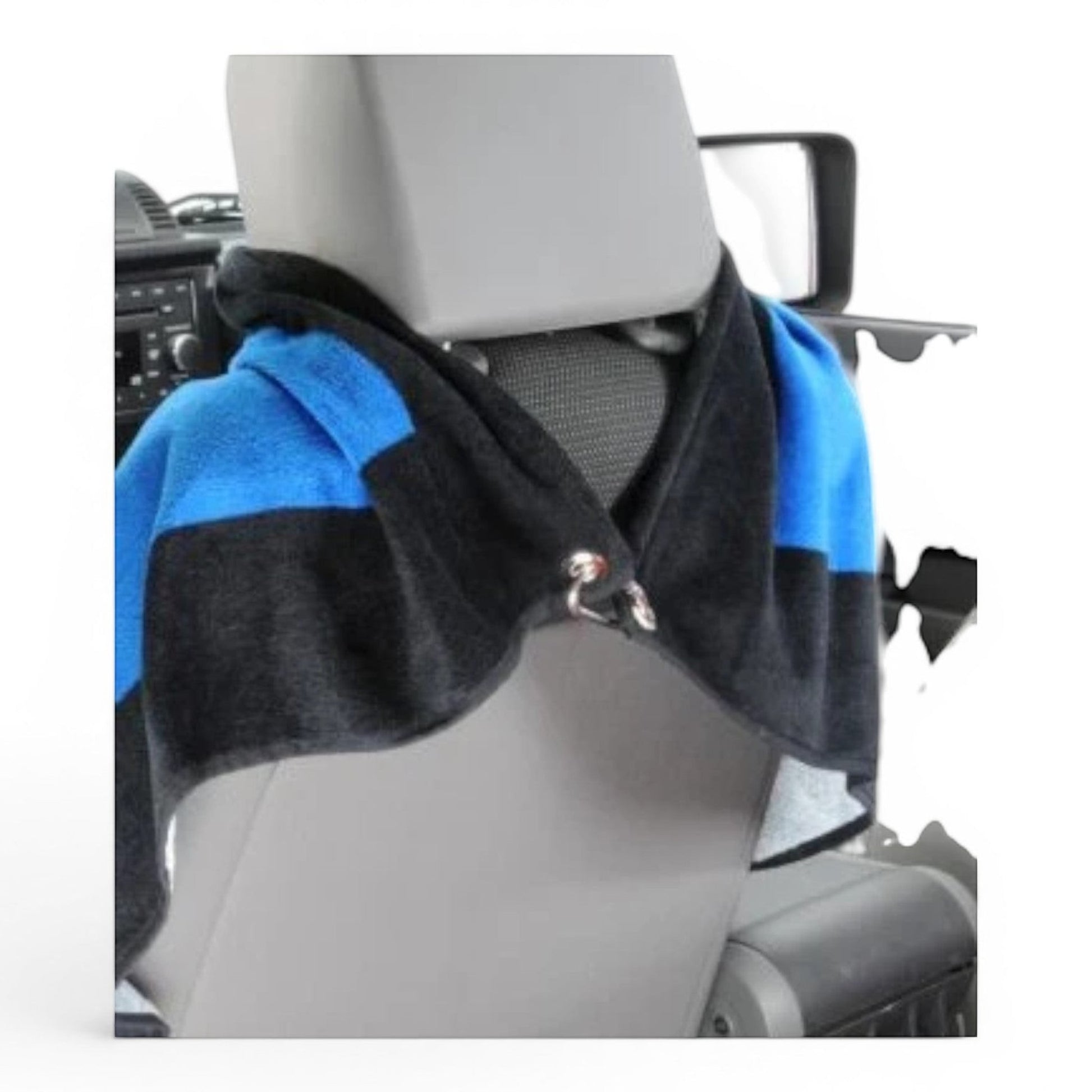 T-Top Vibes Jeep TOWEL-2-GO blue and black cotton terry velour car seat cover towel installed on a vehicle seat
