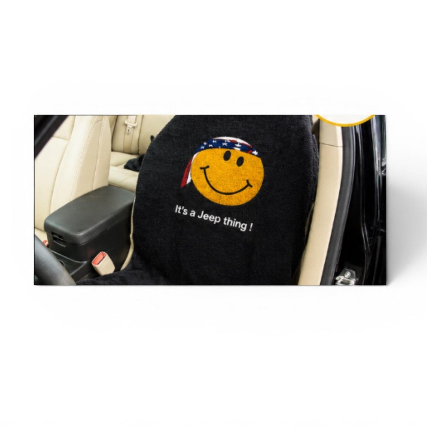 T-Top Vibes black cotton terry velour seat cover towel with a smiley face and It's a Jeep thing text.