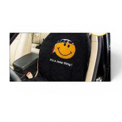 T-Top Vibes black cotton terry velour seat cover towel with a smiley face and It's a Jeep thing text.