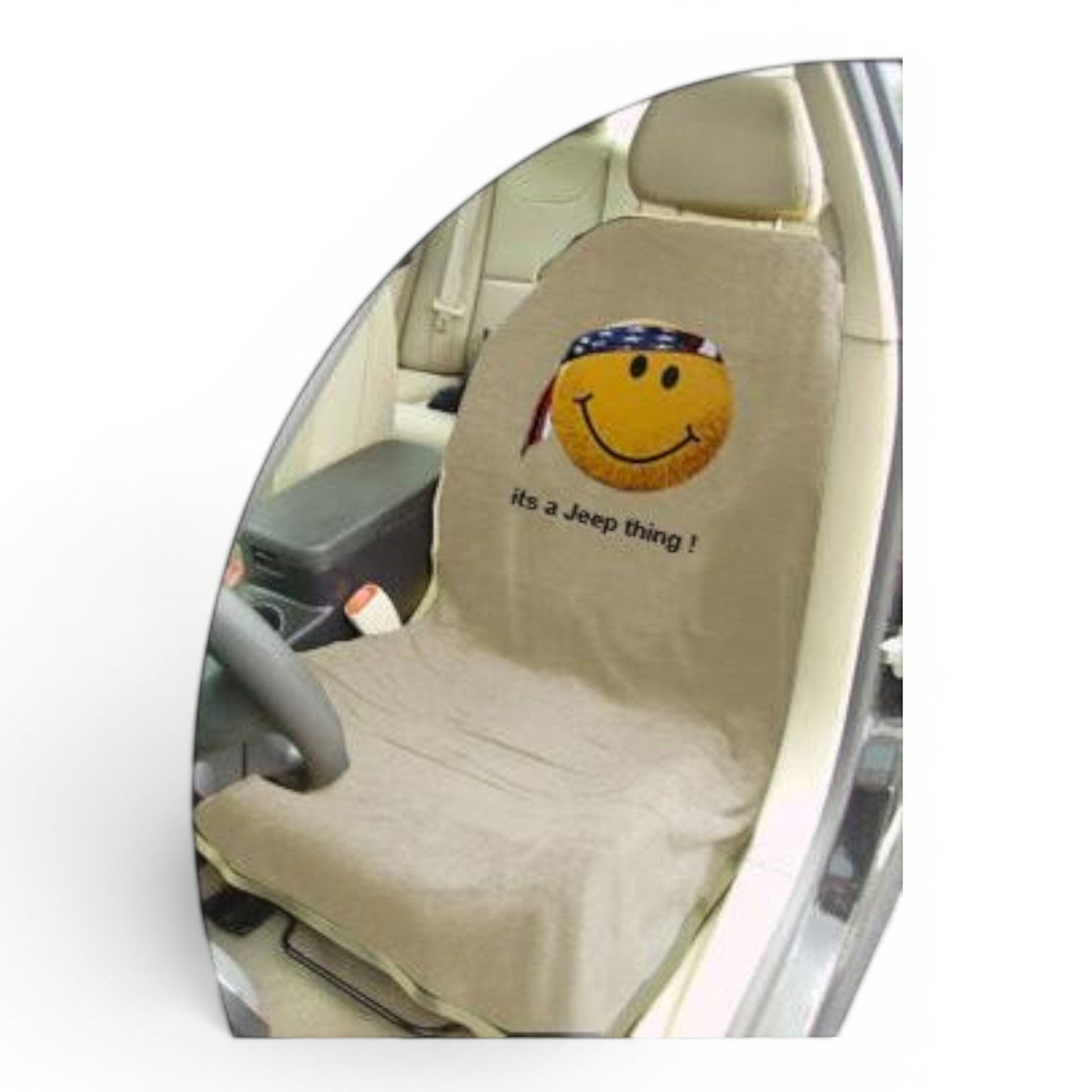 T-Top Vibes Jeep Smiley Face seat cover towel in beige cotton terry velour with an American flag bandana design