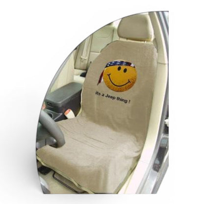 T-Top Vibes Jeep Smiley Face seat cover towel in beige cotton terry velour with an American flag bandana design