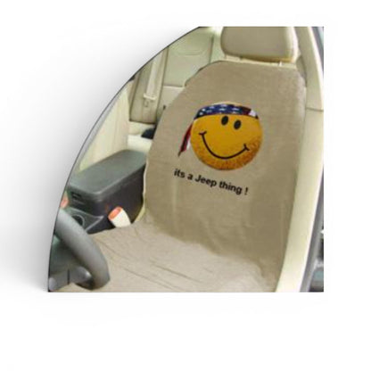 T-Top Vibes Jeep seat cover towel in tan cotton terry featuring a smiley face with a US flag bandana