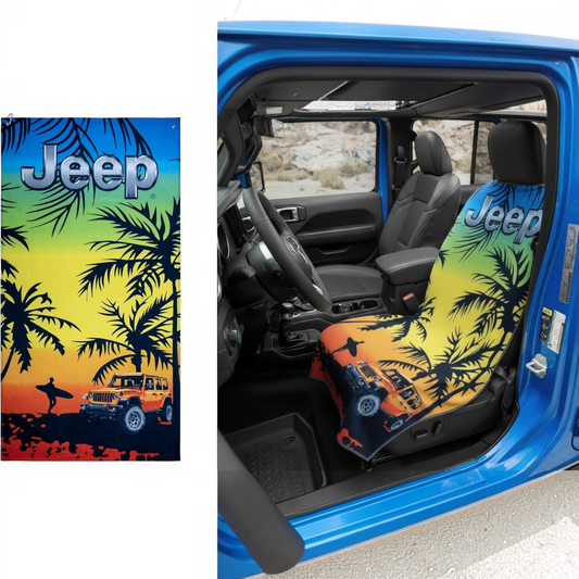 T-Top Vibes Jeep sunset car seat cover towel featuring palm trees and an orange Jeep on a soft cotton beach towel.