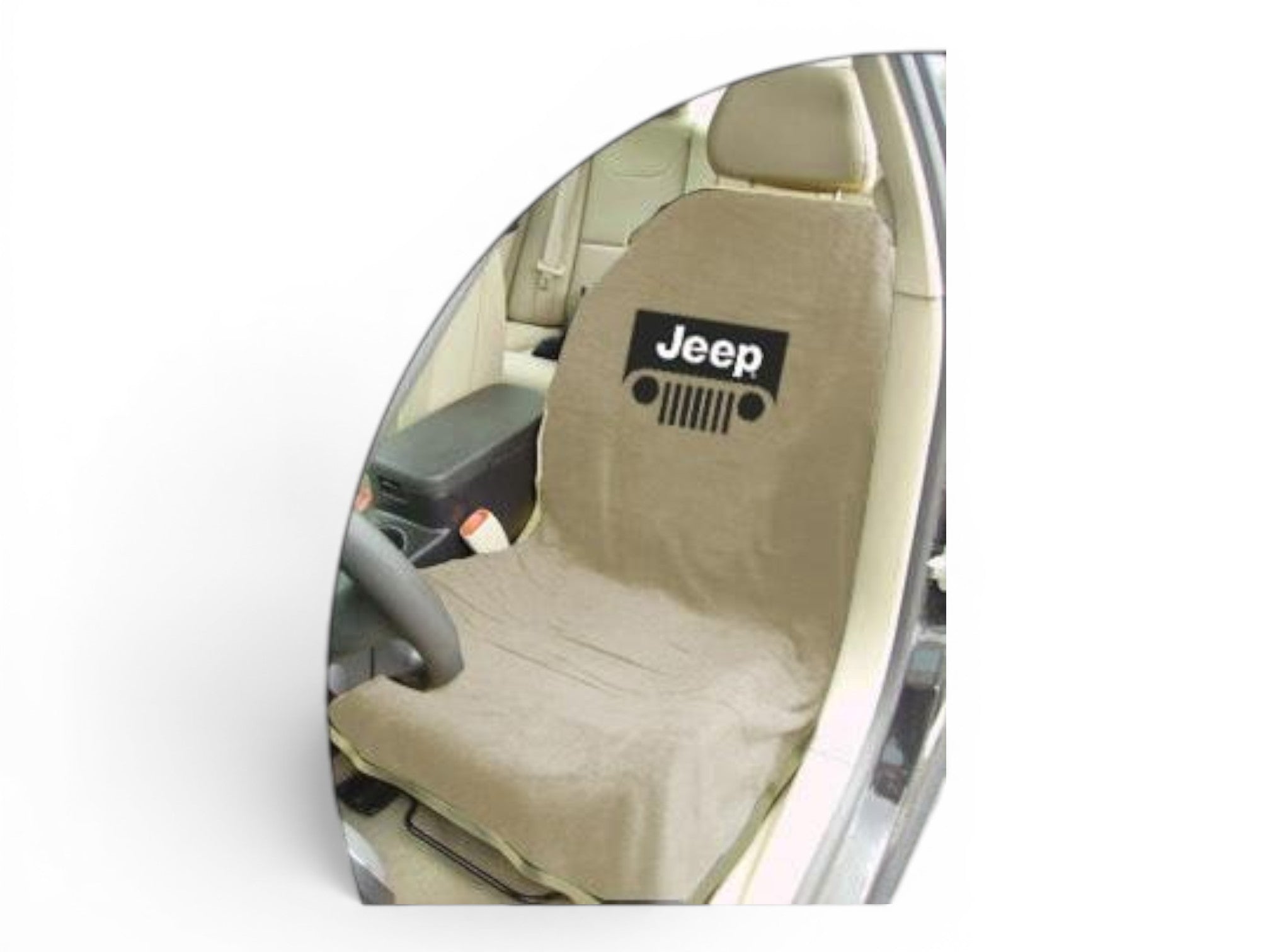 T-Top Vibes tan cotton terry velour seat cover towel with Jeep grille logo installed on a car seat.