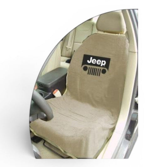 T-Top Vibes Jeep tan cotton terry velour car seat cover towel with black grille logo for universal vehicle fit