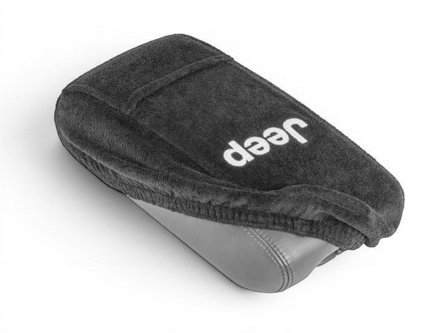 T-Top Vibes black cotton terry velour center console cover with embroidered Jeep logo for Wrangler armrest protection.