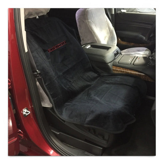 T-Top Vibes Jeep Wrangler Rubicon black cotton terry velour car seat cover towel installed on a vehicle seat