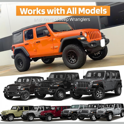 T-Top Vibes Jeep seat cover towel shown on various Jeep Wrangler models including orange, black, and silver SUVs.