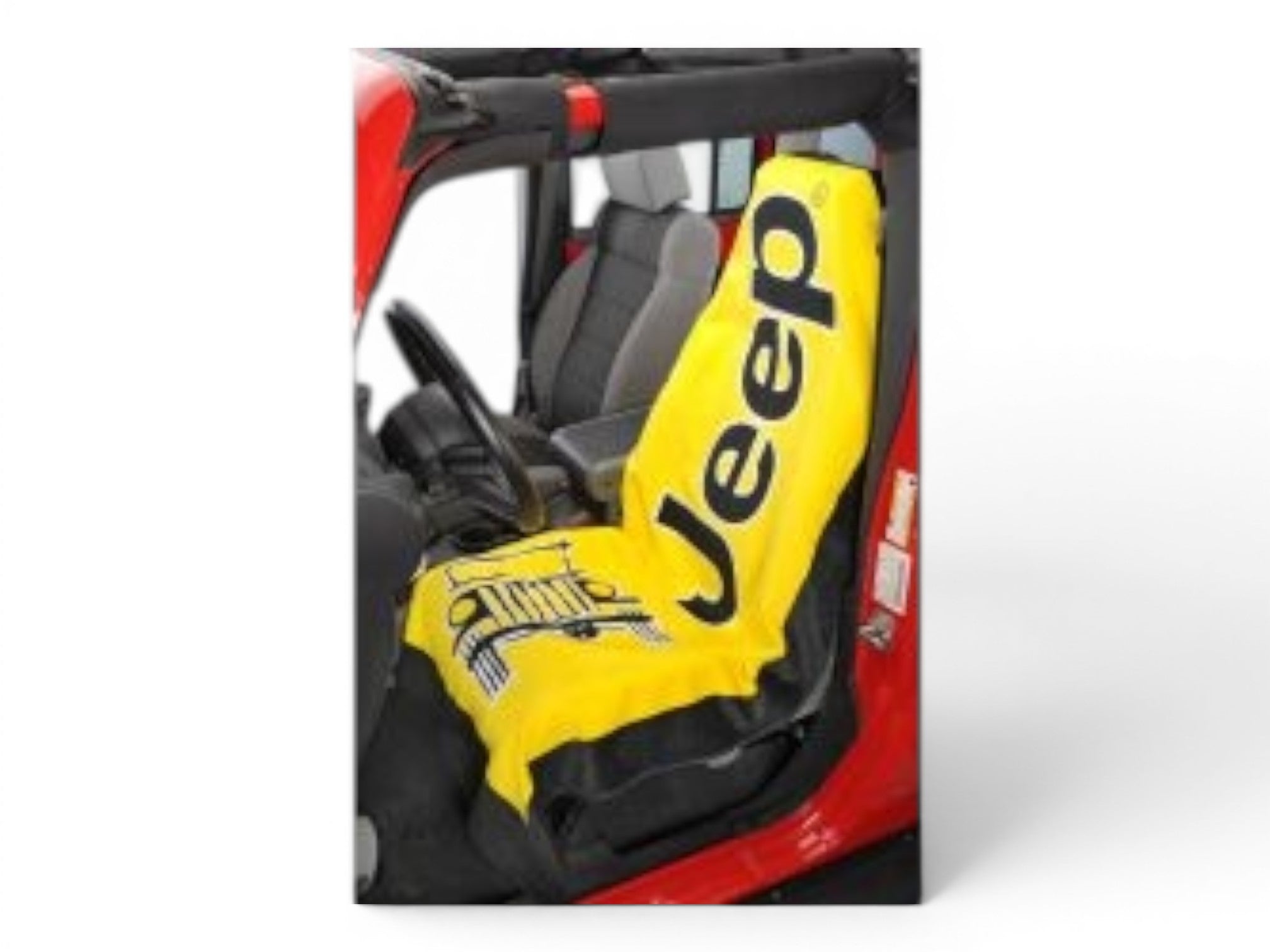 T-Top Vibes Jeep yellow cotton terry velour car seat cover towel with black logo and grille graphic