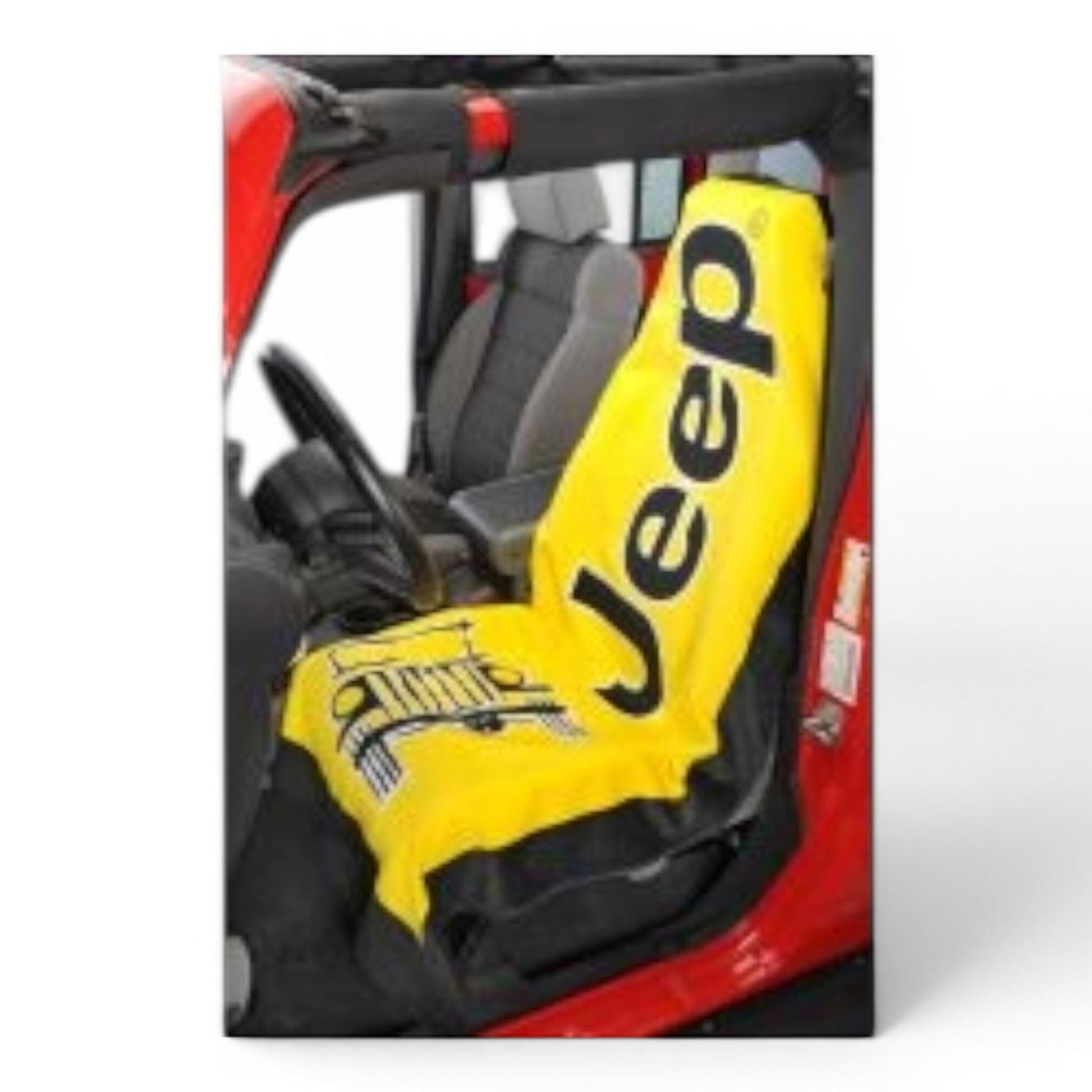 T-Top Vibes Jeep yellow cotton terry velour car seat cover towel with black logo and grille graphic