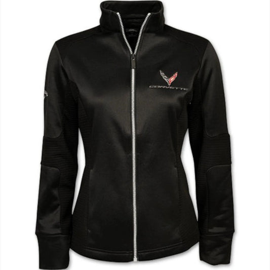 T-Top Vibes ladies black Callaway full-zip fleece jacket with Corvette Z06 branding and front pockets