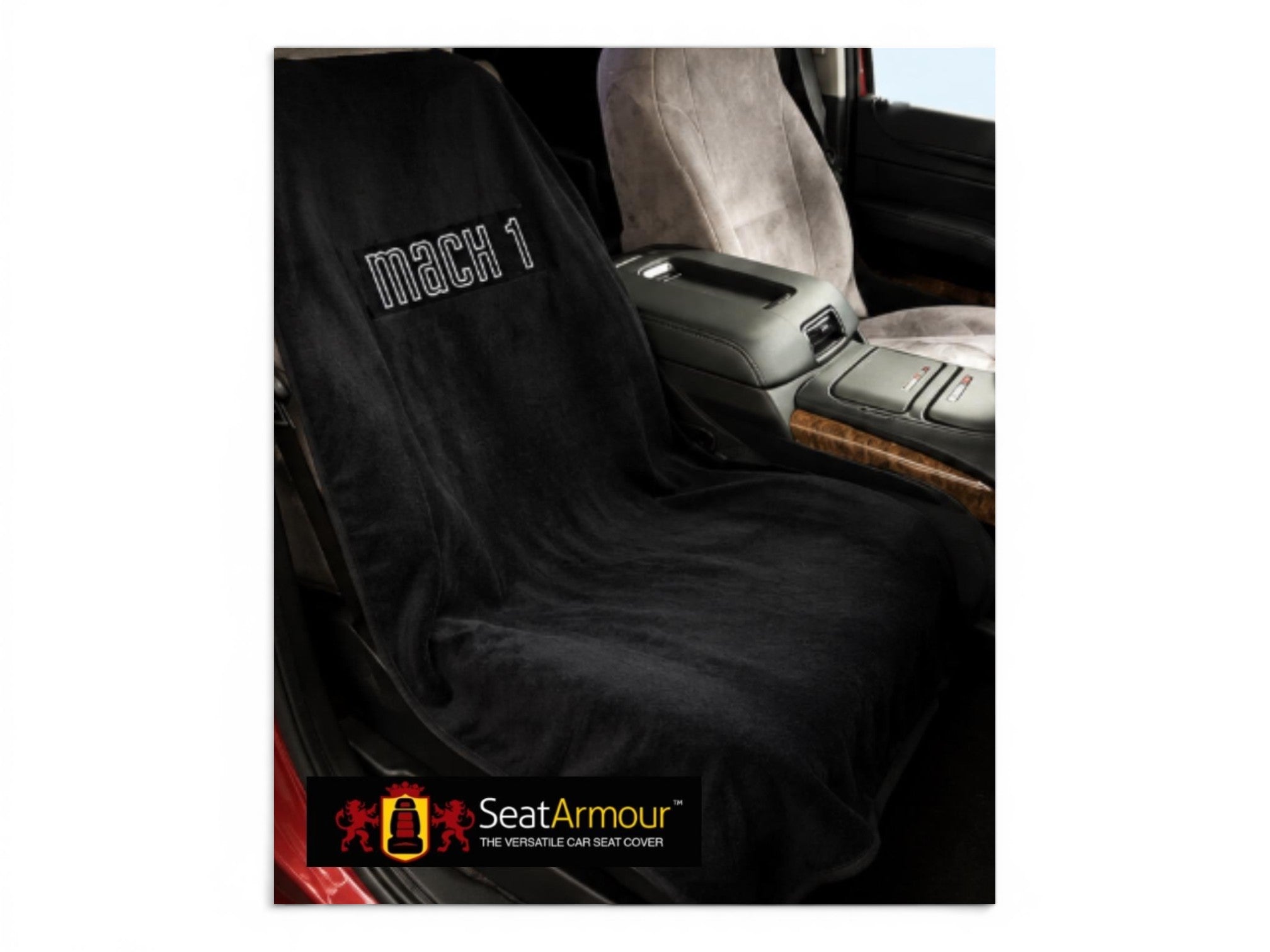 T-Top Vibes Mach 1 black cotton terry velour car seat cover towel protecting a vehicle seat.