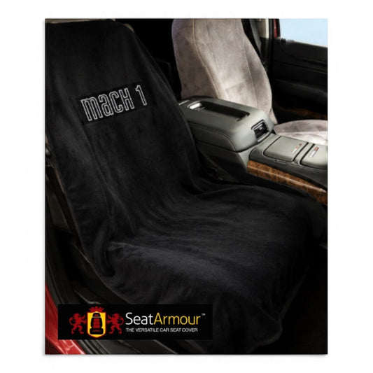 T-Top Vibes Mach 1 black cotton terry velour car seat cover towel draped over a vehicle seat